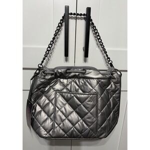 New HAUTE SHORE Gray Silver Puffer Quilted Drawstring Bucket Bag Purse